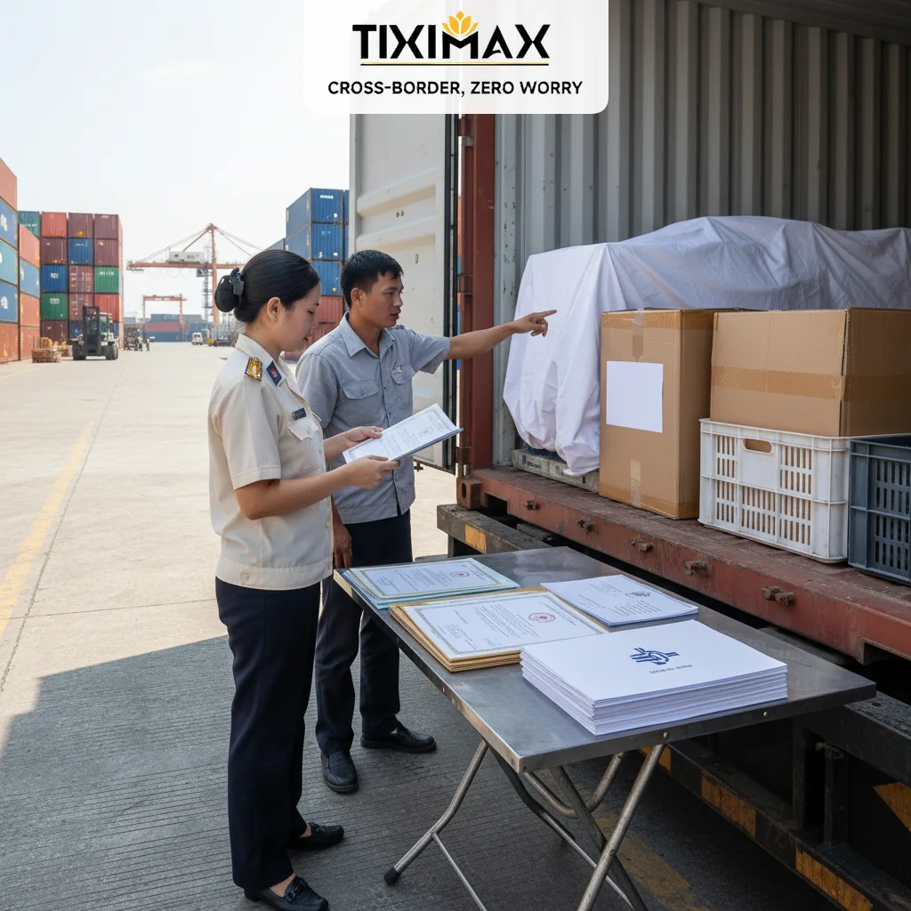 Cán bộ hải quan kiểm tra hàng hóa, giấy tờ tại cảng cho thủ tục thông quan nhập khẩu