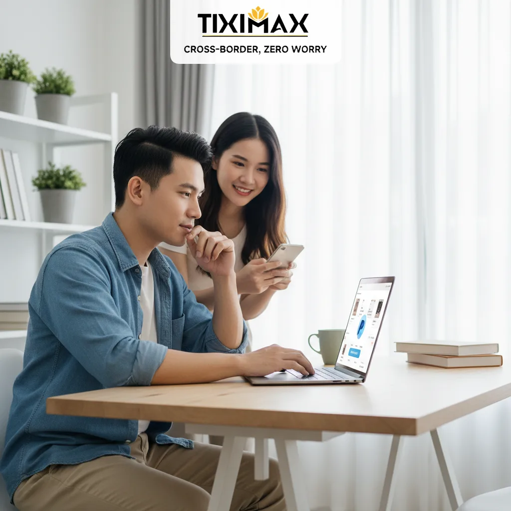 Cặp đôi Việt Nam xem laptop, điện thoại trong không gian sáng.