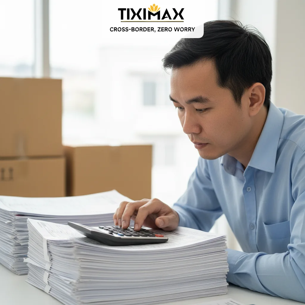 Người đàn ông làm việc với giấy tờ và máy tính về thủ tục thông quan nhập khẩu