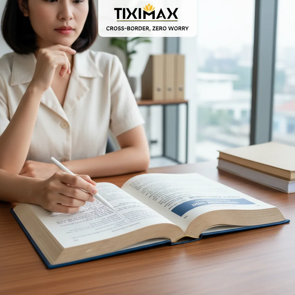Người phụ nữ đọc sách quy định nhập khẩu liên quan thủ tục thông quan nhập khẩu